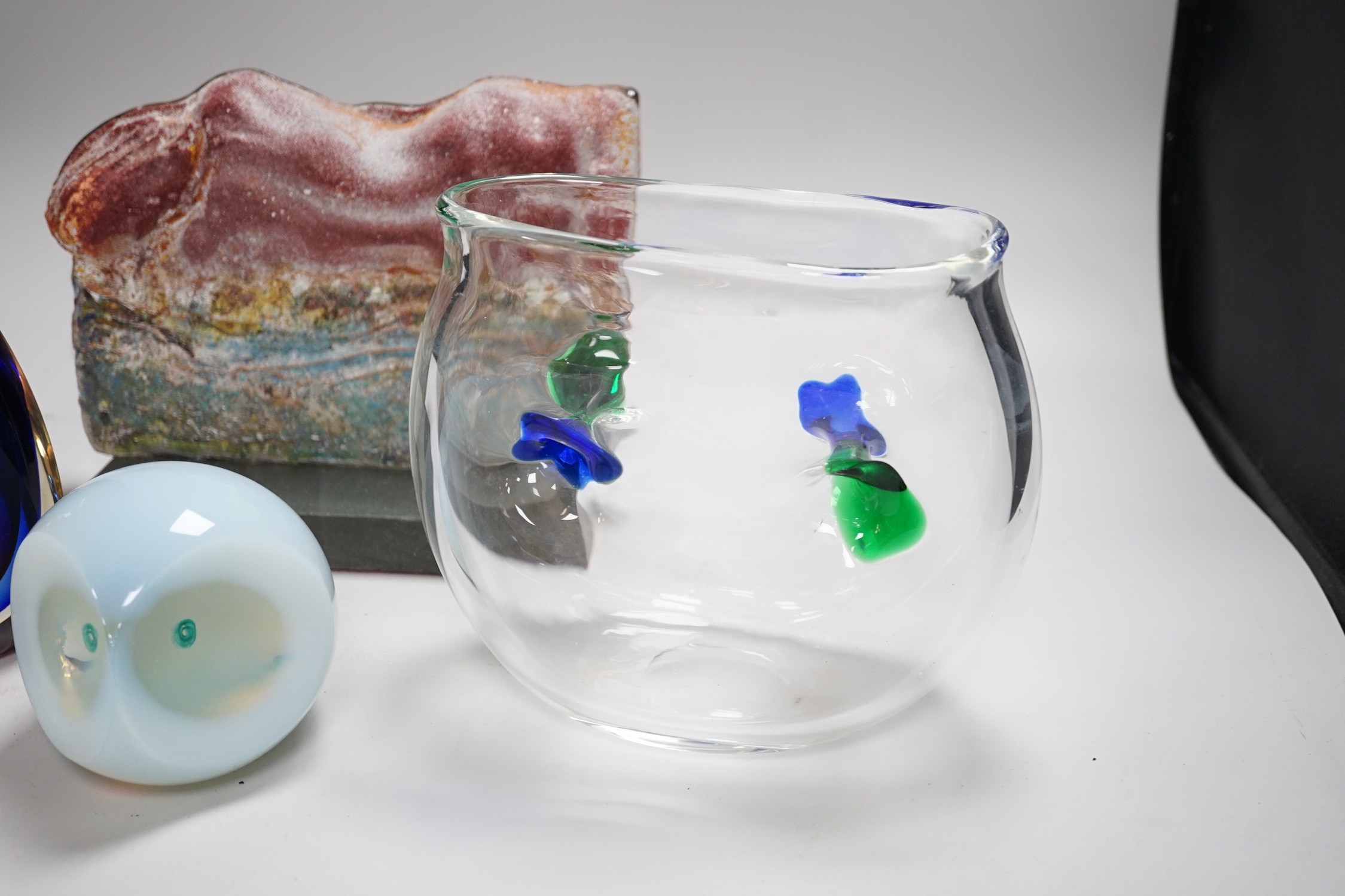 A Murano Oball Vase from Vetreria Artistica, 20cm, a free form green, blue and clear glass vase, 18cm high, an opalescent glass owl paperweight and a slumped glass slab sculpture on stand 25cms wide x 19cms